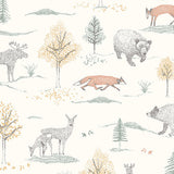 Up North wallpaper in ivory by Boråstapeter for Schumacher, featuring whimsical woodland animals and trees in a Scandinavian style.