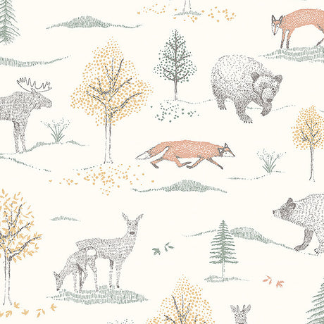 Up North wallpaper in ivory by Boråstapeter for Schumacher, featuring whimsical woodland animals and trees in a Scandinavian style.