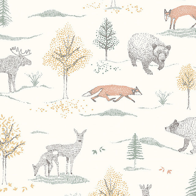 Up North wallpaper in ivory by Boråstapeter for Schumacher, featuring whimsical woodland animals and trees in a Scandinavian style.