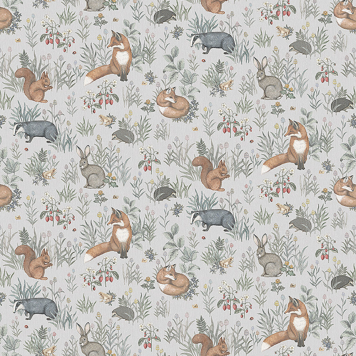 Forest Friends Mural wallpaper featuring whimsical woodland animals and plants in a soft multi-color palette by Boråstapeter for Schumacher.