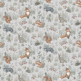 Forest Friends Mural wallpaper featuring whimsical woodland animals and plants in a soft multi-color palette by Boråstapeter for Schumacher.