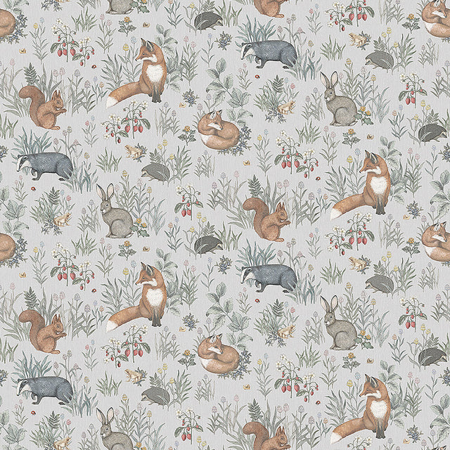 Forest Friends Mural wallpaper featuring whimsical woodland animals and plants in a soft multi-color palette by Boråstapeter for Schumacher.