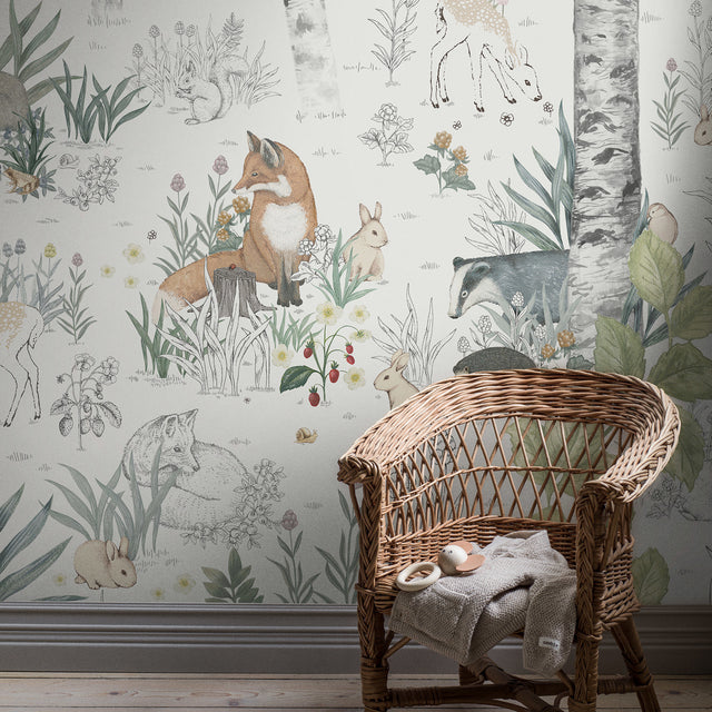 Magic Forest Mural Ivory by Boråstapeter Whimsical Woodland Animal Wallpaper – Schumacher 7481