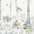 Magic Forest Mural wallpaper in ivory with whimsical woodland animals and birch trees by Boråstapeter and Schumacher