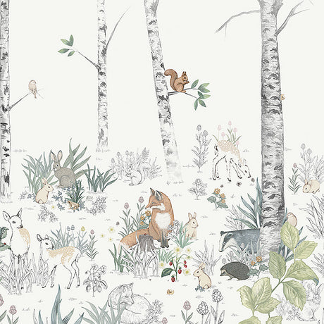 Magic Forest Mural wallpaper in ivory with whimsical woodland animals and birch trees by Boråstapeter and Schumacher