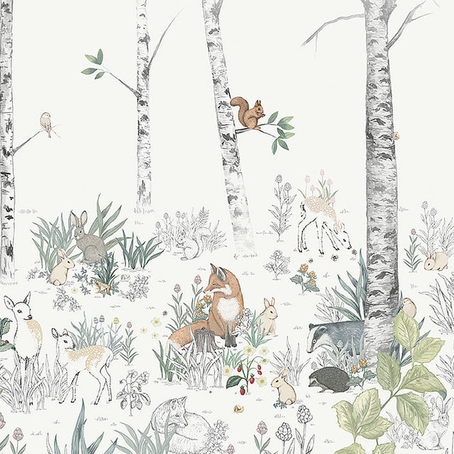 Magic Forest Mural wallpaper in ivory with whimsical woodland animals and birch trees by Boråstapeter and Schumacher