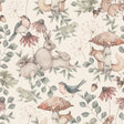 Minou wallpaper by Boråstapeter for Schumacher featuring whimsical woodland animals, birds, mushrooms, and flora in soft pastel colors.