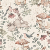 Minou wallpaper by Boråstapeter for Schumacher featuring whimsical woodland animals, birds, mushrooms, and flora in soft pastel colors.