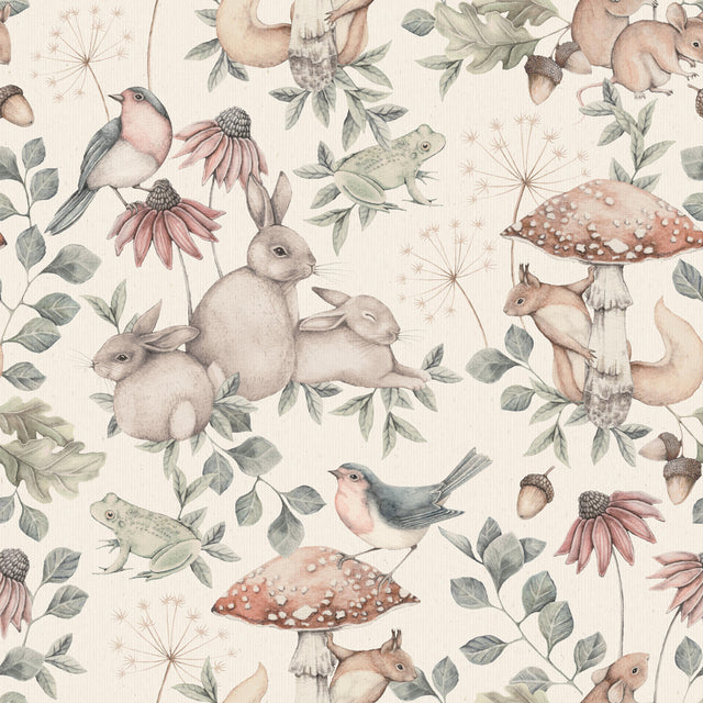 Minou wallpaper by Boråstapeter for Schumacher featuring whimsical woodland animals, birds, mushrooms, and flora in soft pastel colors.