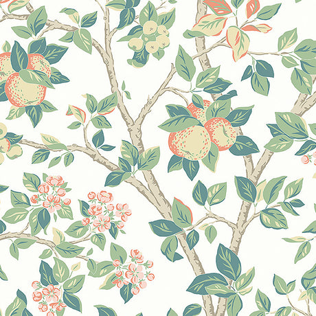 Ingrid Marie wallpaper in ivory by Boråstapeter for Schumacher, featuring painterly apple trees with fruit and blossoms.