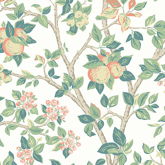 Ingrid Marie wallpaper in ivory by Boråstapeter for Schumacher, featuring painterly apple trees with fruit and blossoms.