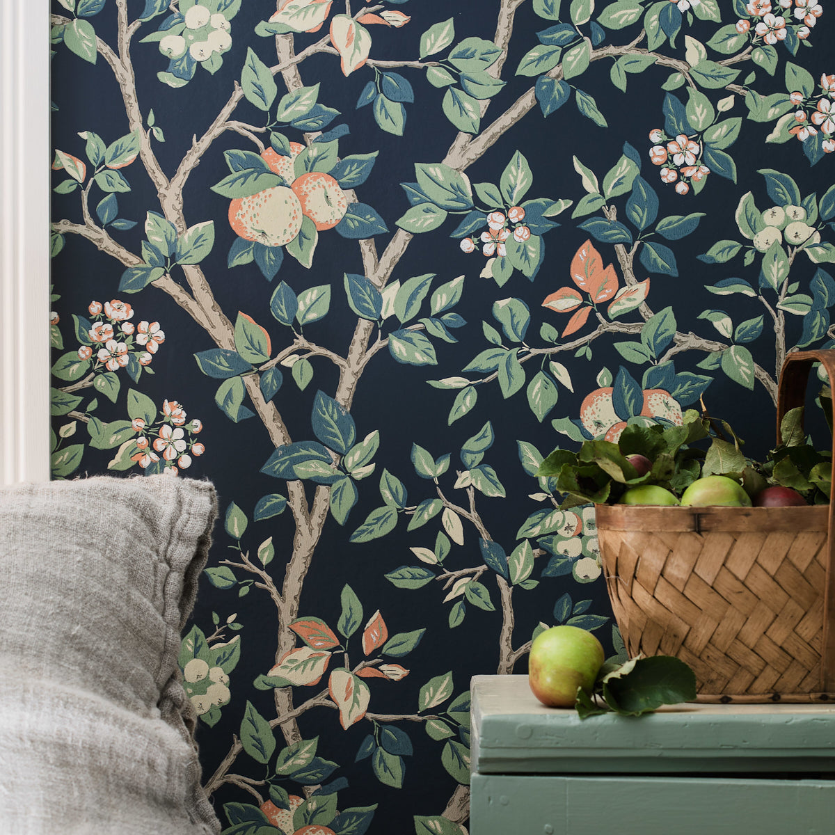 Ingrid Marie Navy by Boråstapeter Painterly Apple Tree Wallpaper – Schumacher 7651