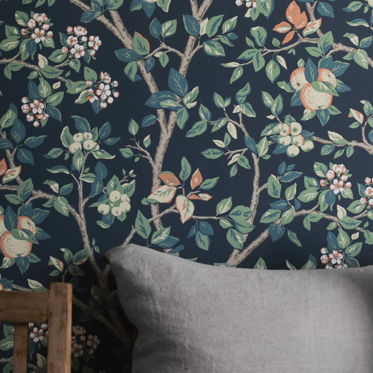 Ingrid Marie Navy by Boråstapeter Painterly Apple Tree Wallpaper – Schumacher 7651