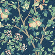 Ingrid Marie wallpaper in navy by Boråstapeter for Schumacher, featuring painterly apple trees with fruit and blossoms on a dark blue background.