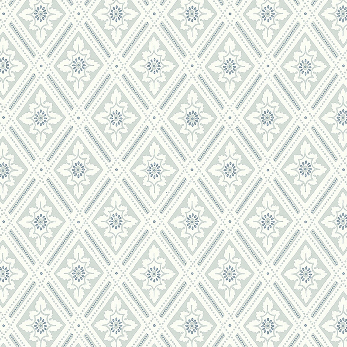 Ester wallpaper in Mineral by Boråstapeter for Schumacher, featuring a stylized diamond trellis pattern with leaves and dots.