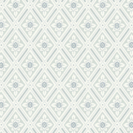 Ester wallpaper in Mineral by Boråstapeter for Schumacher, featuring a stylized diamond trellis pattern with leaves and dots.