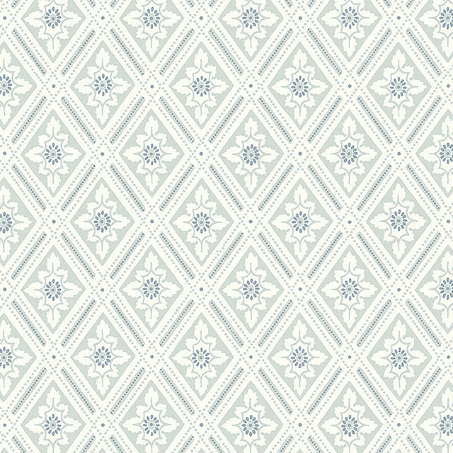 Ester wallpaper in Mineral by Boråstapeter for Schumacher, featuring a stylized diamond trellis pattern with leaves and dots.