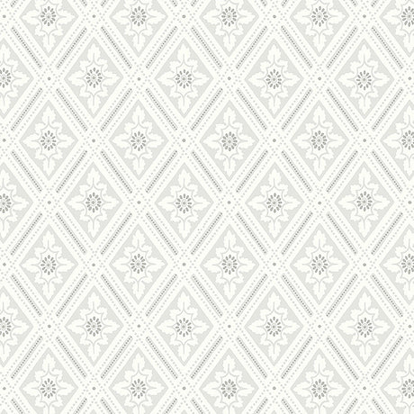 Ester wallpaper by Boråstapeter for Schumacher in grey, featuring a stylized diamond trellis pattern with leaves and dots.