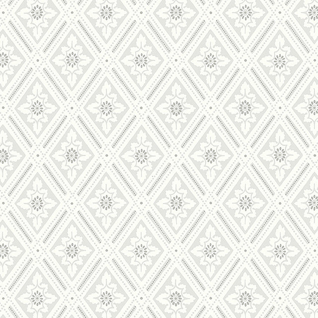 Ester wallpaper by Boråstapeter for Schumacher in grey, featuring a stylized diamond trellis pattern with leaves and dots.