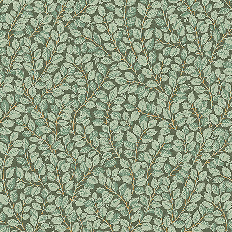 Hazel wallpaper in Spruce by Boråstapeter for Schumacher, intricate botanical leaf pattern in green tones