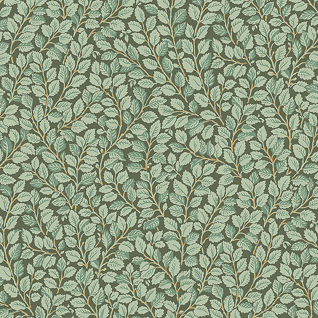 Hazel wallpaper in Spruce by Boråstapeter for Schumacher, intricate botanical leaf pattern in green tones