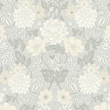 Dahlia Garden wallpaper by Boråstapeter for Schumacher, featuring stylized dahlias and cosmos in a natural colorway with lush foliage in an Arts and Crafts style.