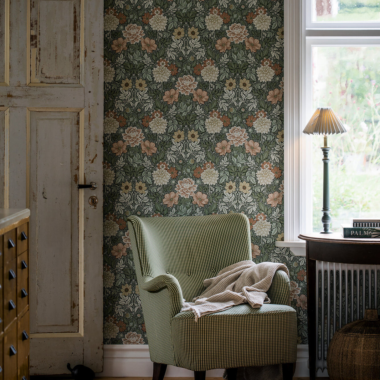 Dahlia Garden Green by Boråstapeter Arts & Crafts Floral Wallpaper – Schumacher 7666