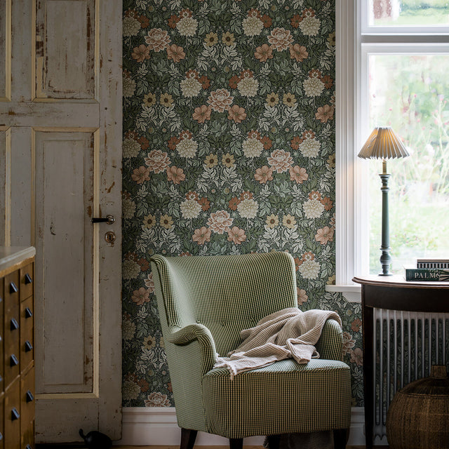 Dahlia Garden Green by Boråstapeter Arts & Crafts Floral Wallpaper – Schumacher 7666