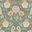 Dahlia Garden wallpaper in green by Boråstapeter for Schumacher, featuring stylized dahlias and cosmos in an Arts and Crafts style.