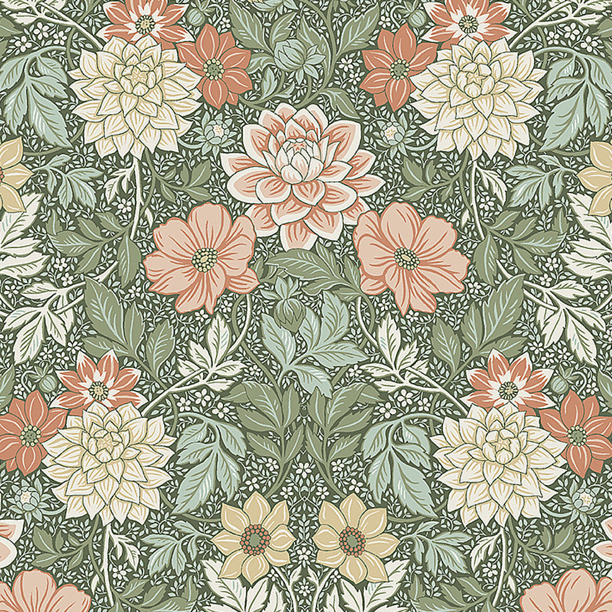 Dahlia Garden wallpaper in green by Boråstapeter for Schumacher, featuring stylized dahlias and cosmos in an Arts and Crafts style.