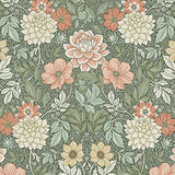 Dahlia Garden wallpaper in green by Boråstapeter for Schumacher, featuring stylized dahlias and cosmos in an Arts and Crafts style.