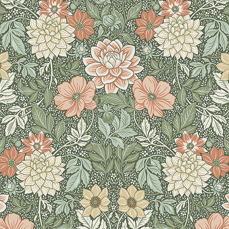 Dahlia Garden wallpaper in green by Boråstapeter for Schumacher, featuring stylized dahlias and cosmos in an Arts and Crafts style.