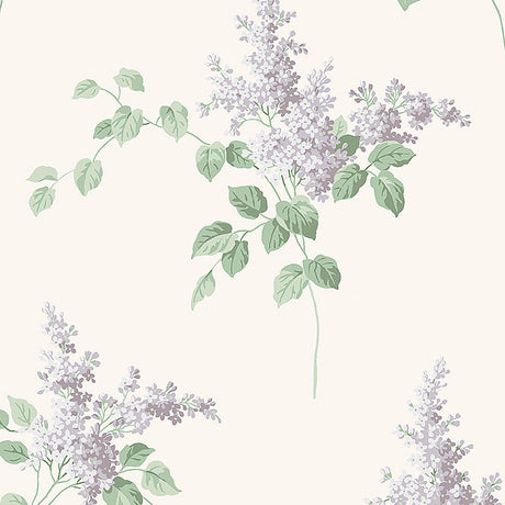 Lilacs wallpaper by Boråstapeter for Schumacher, featuring delicate lilac flowers and green leaves on a soft background.