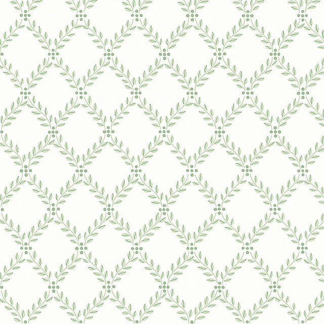 Trellis Leaves wallpaper in Leaf by Boråstapeter for Schumacher, featuring a classic trellis pattern of green foliage on a light background.
