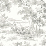 Countryside Morning wallpaper by Boråstapeter for Schumacher, featuring classic pastoral scenes in a tonal grey palette.