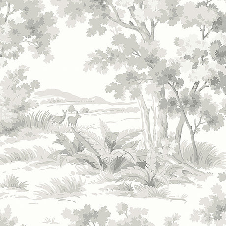 Countryside Morning wallpaper by Boråstapeter for Schumacher, featuring classic pastoral scenes in a tonal grey palette.