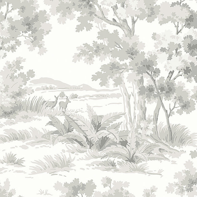 Countryside Morning wallpaper by Boråstapeter for Schumacher, featuring classic pastoral scenes in a tonal grey palette.