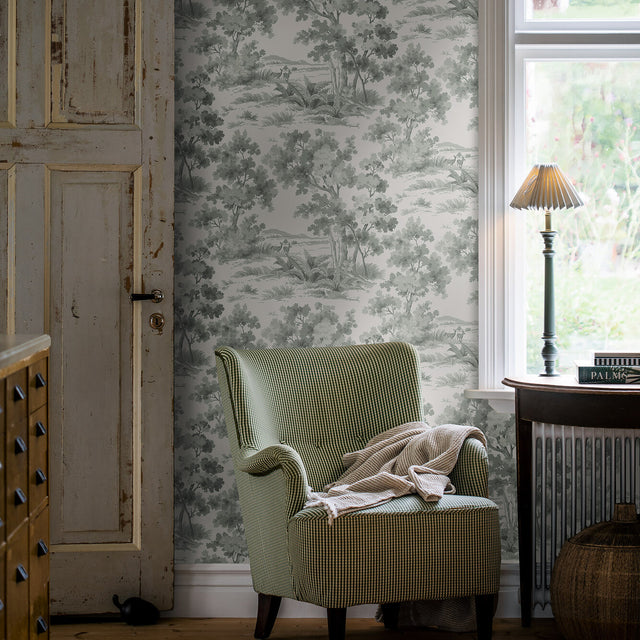 Countryside Morning Green by Boråstapeter Pastoral Scenic Wallpaper – Schumacher 7678