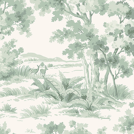 Countryside Morning wallpaper by Boråstapeter for Schumacher, featuring a classic pastoral green landscape scene.