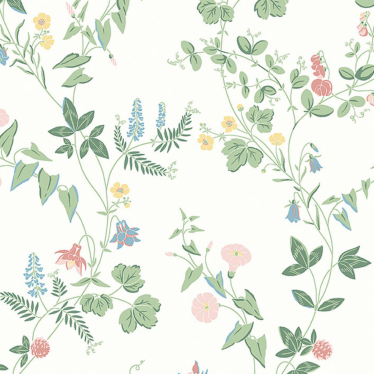 Midsummers Eve wallpaper in ivory by Boråstapeter for Schumacher, featuring delicate Scandinavian floral motifs.