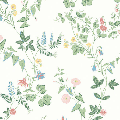 Midsummers Eve wallpaper in ivory by Boråstapeter for Schumacher, featuring delicate Scandinavian floral motifs.