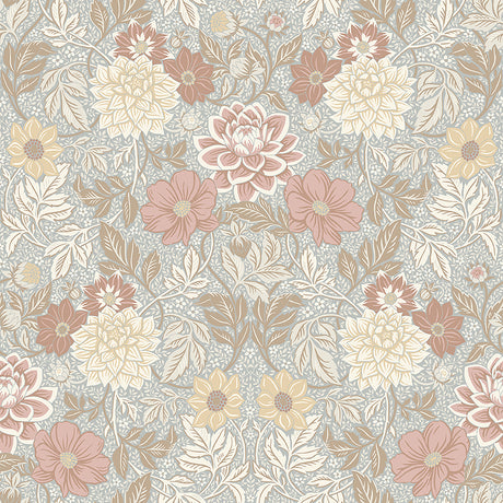 Dahlia Garden wallpaper by Boråstapeter for Schumacher, featuring stylized dahlias and cosmos in a lush, Arts and Crafts floral pattern.