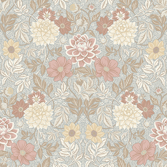 Dahlia Garden wallpaper by Boråstapeter for Schumacher, featuring stylized dahlias and cosmos in a lush, Arts and Crafts floral pattern.