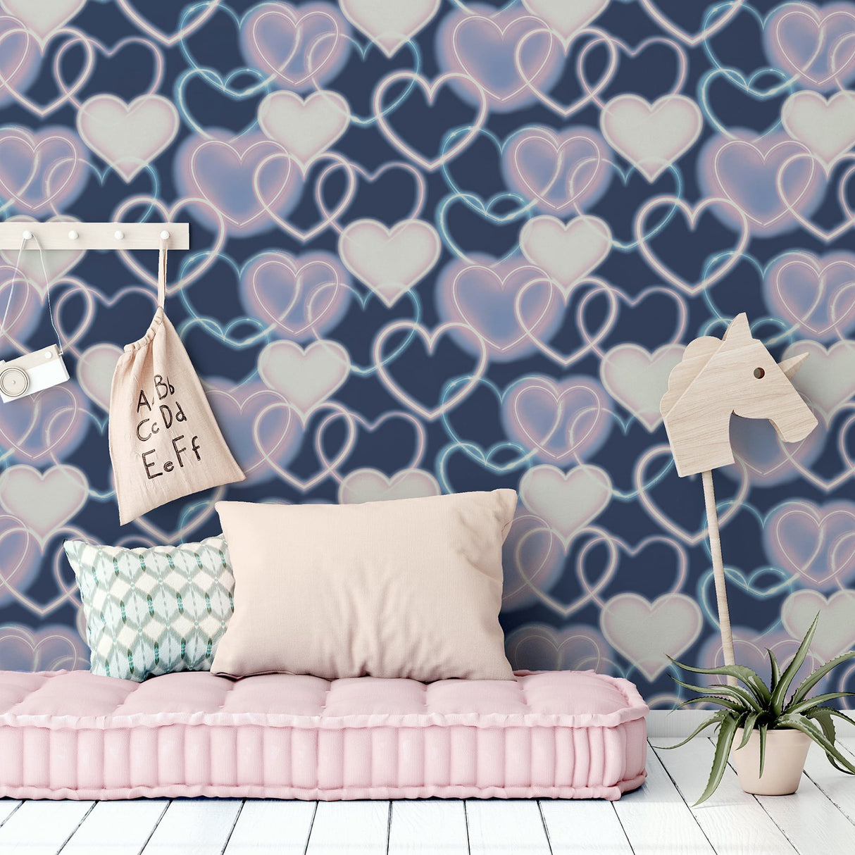 Effie Navy Neon Heart by Arthouse Wallpaper – Brewster Home Fashions AH925605