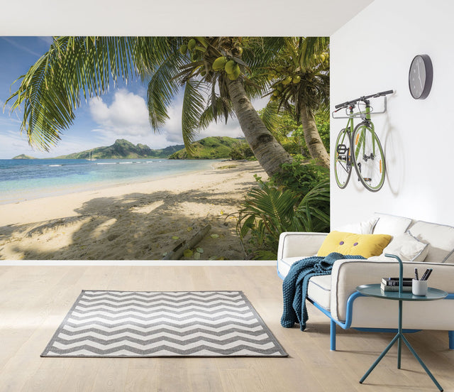 Castaway Tropical Beach Photorealistic Wall Mural with Palm Tree Scene - Komar 8-126