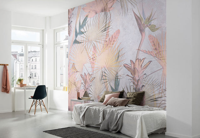 Tropical Concrete Pink Wall Mural with Modern Nature Pattern - Komar 8-212