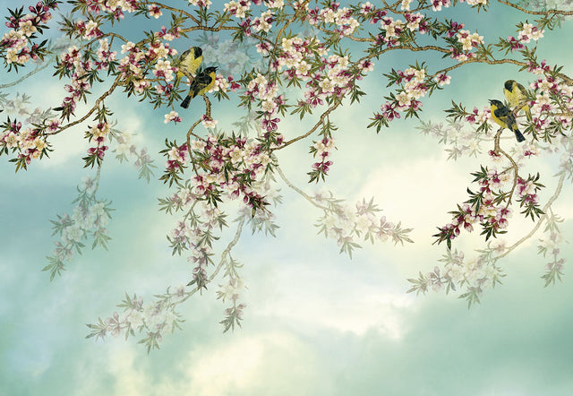 Sakura Blue Floral Birds Wall Mural with Modern Flowers Pattern - Komar 8-213