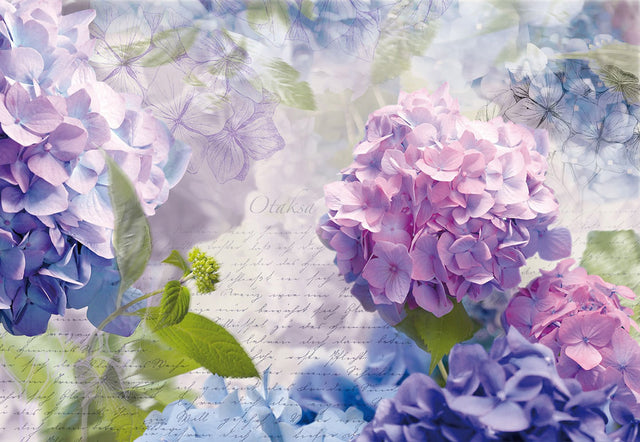 Otaksa Purple Floral Scenic Wall Mural with Hydrangea Script Pattern - Komar 8-705