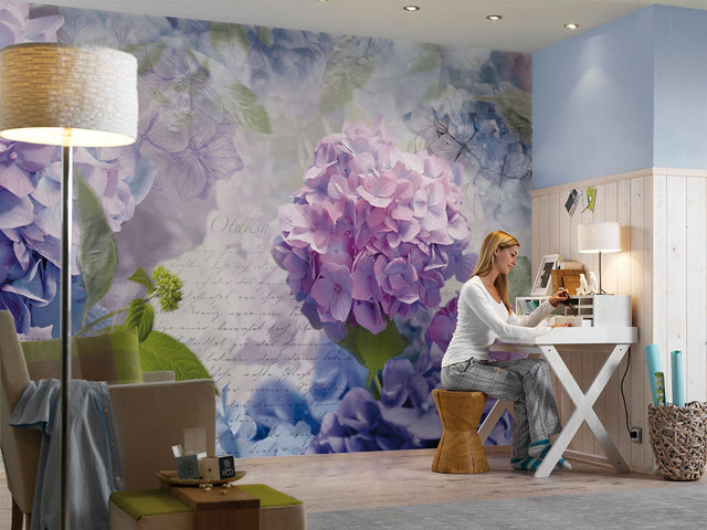 Otaksa Purple Floral Scenic Wall Mural with Hydrangea Script Pattern - Komar 8-705