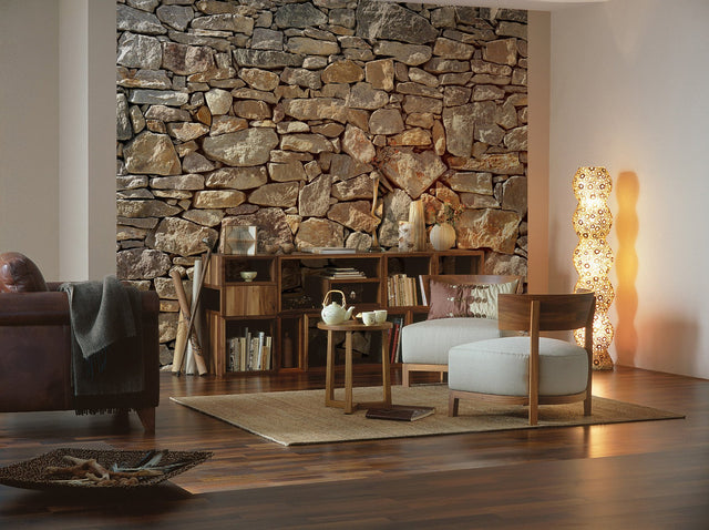 Stone Wall Neutral Photomural with Faux Stone Scenic Effect - Komar 8-727